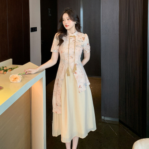 RM4658#新中式高级感民国风千金旗袍改良版别致优雅印花收腰连衣裙子