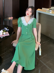 RM7541#夏季新款复古气质连衣裙套装女荷叶领上衣+半身裙两件套