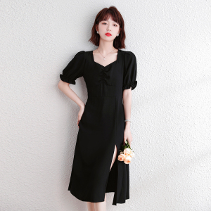 TR21465# 夏季新款开叉小心机黑色连衣裙