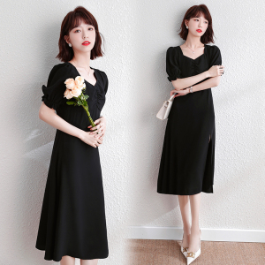 TR21465# 夏季新款开叉小心机黑色连衣裙