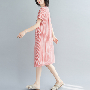 RM16231#夏季休闲 宽松文艺条纹连衣裙中长款