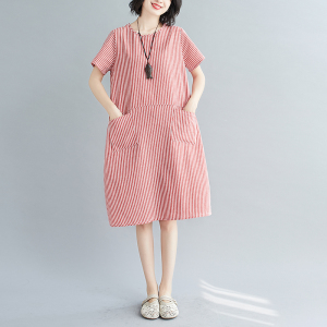 RM16231#夏季休闲 宽松文艺条纹连衣裙中长款