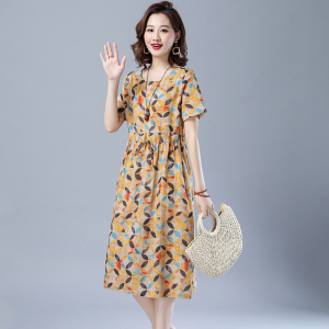 RM16233#棉麻夏季宽松印花显瘦短袖连衣裙