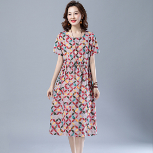 RM16233#棉麻夏季宽松印花显瘦短袖连衣裙