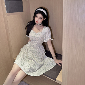 Short Sleeve Fragmented Flower Dress Vintage Soft Sweet Short Skirt