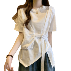 RM19571#大码女装2023夏季新款拼接上衣宽松时尚设计感假两件百搭短袖