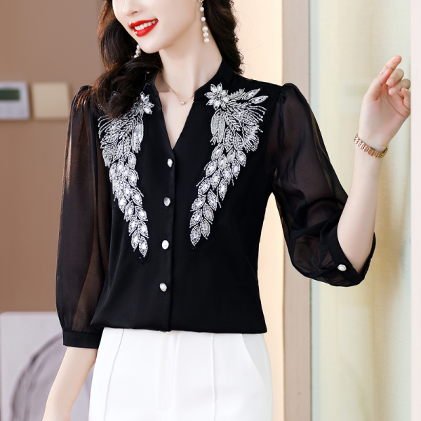 RM6099#春夏新款女衬衫外穿宫廷风黑色蕾丝重工刺绣上衣设计感衬衫
