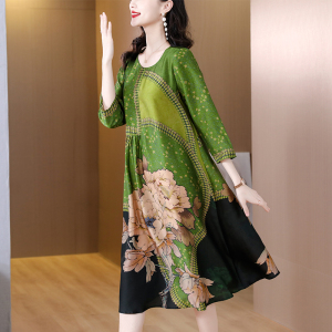 RM6239#真丝连衣裙女夏季新款时尚气质减龄花色印花宽松显瘦蚕丝裙