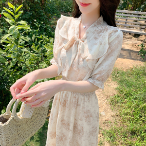 RM18951#夏季甜美荷叶边短袖碎花裙子一起去有风的地方女神雪纺连衣裙