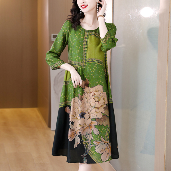 RM6239#真丝连衣裙女夏季新款时尚气质减龄花色印花宽松显瘦蚕丝裙