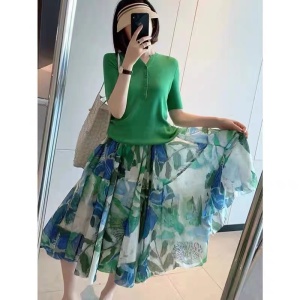 TR21410# 法式绿色小清新御姐连衣裙子新款夏季轻熟风女装两件套装港味