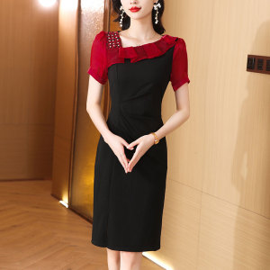 RM5749#法式连衣裙女短袖夏装高级感设计感小众气质斜领开叉包臀裙