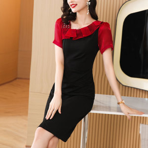 RM5749#法式连衣裙女短袖夏装高级感设计感小众气质斜领开叉包臀裙
