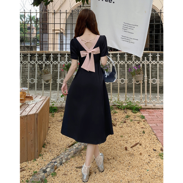 RM6068#大码女装蝴蝶结长款连衣裙方领简约套头夏季短袖裙子