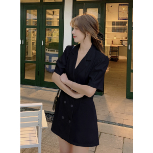 TR29085# 夏季新款韩版女装气质翻领西装修身双排扣短袖连衣裙 服装批发女装批发服饰货源