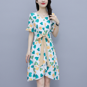 RM5482#大码女装2023年夏装新款减龄胖妹妹印花连衣裙绑带V领裙子