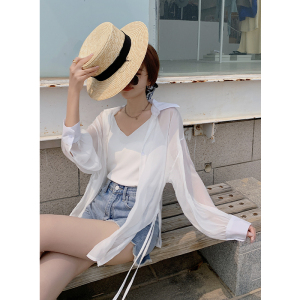 RM7170#夏装新款优雅纯色不规则下摆单排扣薄款防晒衬衫