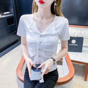RM16340#短袖纯色纽扣收褶修身显瘦T恤休闲夏季单排扣上衣甜美