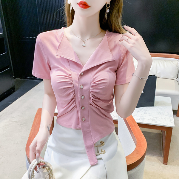 RM16340#短袖纯色纽扣收褶修身显瘦T恤休闲夏季单排扣上衣甜美
