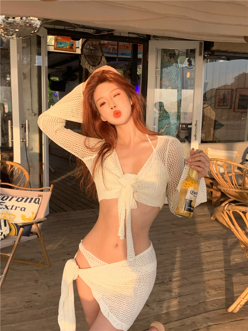 Real shot of new summer vacation travel beach swimsuit sexy suit knitted cardigan four-piece set