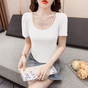 RM15348#新款夏季小众显廋T恤短袖订珠领修身上衣女