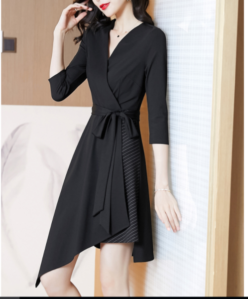RM5694#黑色修身显瘦气质V领拼接条纹不规则中长款连衣裙子