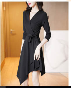 RM5694#黑色修身显瘦气质V领拼接条纹不规则中长款连衣裙子