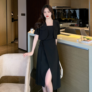 RM6043#黑色连衣裙收腰开叉吊带设计感小众不规则连衣裙套装