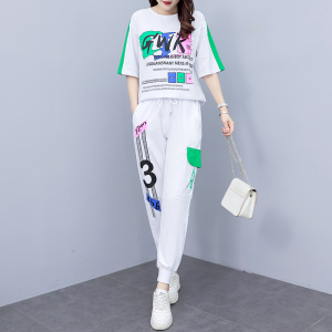 RM5989#休闲运动套装2023年夏季新款大码女装街头短袖卫衣+长裤两件套女