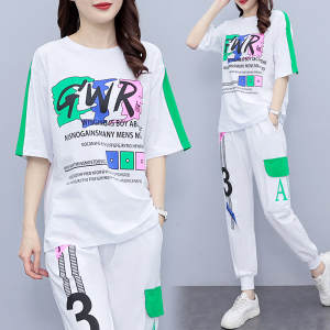 RM5989#休闲运动套装2023年夏季新款大码女装街头短袖卫衣+长裤两件套女