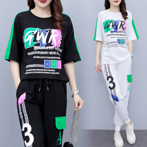 RM5989#休闲运动套装2023年夏季新款大码女装街头短袖卫衣+长裤两件套女