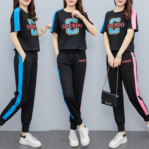 RM5991#夏装运动服套装时尚减龄夏季休闲两件套大码女装短袖长裤两件套