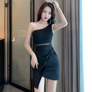 Oblique Shoulder Dress Cut-out Open Belly Wrap Hip Sexy One Shoulder Dress