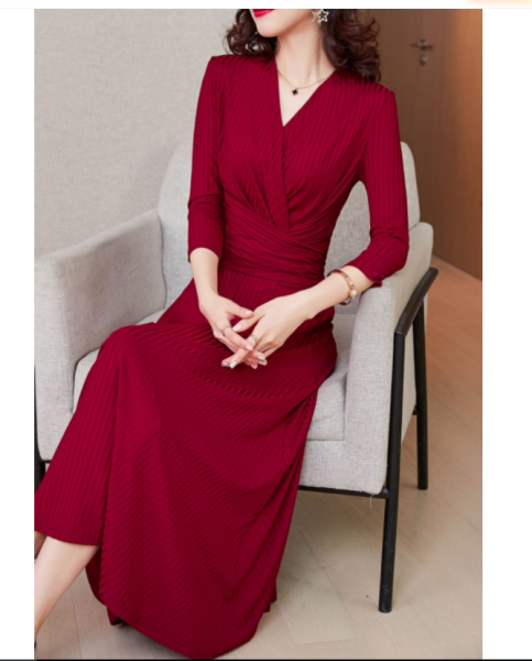 RM5695#名媛优雅连衣裙女V领气质收腰显瘦宴会喜妈妈婆婆红色大摆长裙