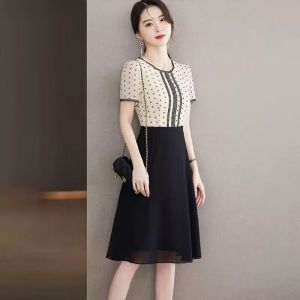 RM12311#波点蕾丝连衣裙女夏季2023年新款中长款修身短袖高端气质裙子