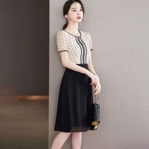 RM12311#波点蕾丝连衣裙女夏季2023年新款中长款修身短袖高端气质裙子