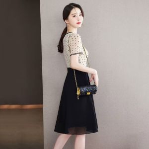 RM12311#波点蕾丝连衣裙女夏季2023年新款中长款修身短袖高端气质裙子