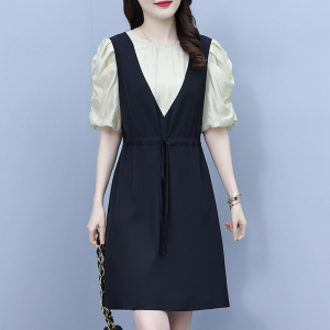 RM10532#新款胖MM黑色泡泡袖假两件收腰显瘦气质连衣裙女