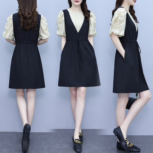 RM10532#新款胖MM黑色泡泡袖假两件收腰显瘦气质连衣裙女