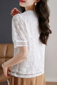 TR18752# 蕾丝V领上衣女夏季新款温柔白色小衫气质泡泡袖衬衫 服装批发女装服饰货源