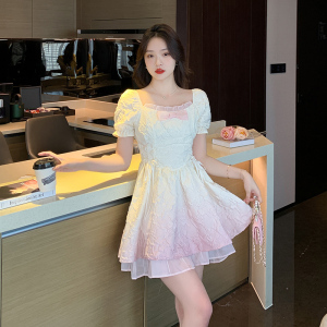 RM5356#渐变色方领连衣裙女法式泡泡袖公主裙收腰显瘦甜美两穿一字肩