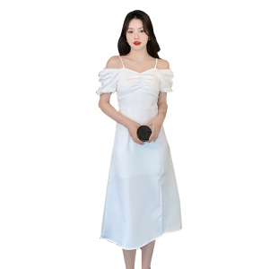 RM5357#法式复古泡泡袖白色夏季新款2023高腰开叉修身中长款连衣裙