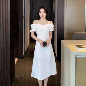RM5357#法式复古泡泡袖白色夏季新款2023高腰开叉修身中长款连衣裙
