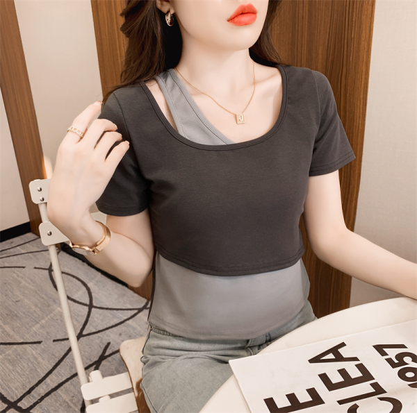RM7031#夏款设计感小众短袖T恤修身假两件辣妹短款拼接正肩上衣