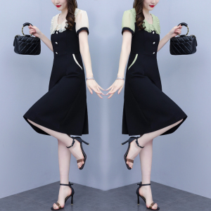 RM8734#夏季新款大码女装连衣裙短袖娃娃领拼接显瘦淑女裙
