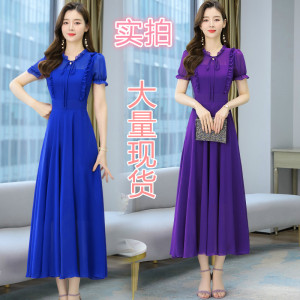 RM19149#春夏新款大码雪纺连衣裙荷叶领短袖修身大摆长裙