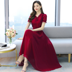 RM19149#春夏新款大码雪纺连衣裙荷叶领短袖修身大摆长裙