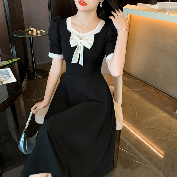 RM6140#夏季新款撞色蝴蝶结领口雪纺连衣裙