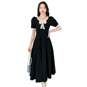RM6140#夏季新款撞色蝴蝶结领口雪纺连衣裙