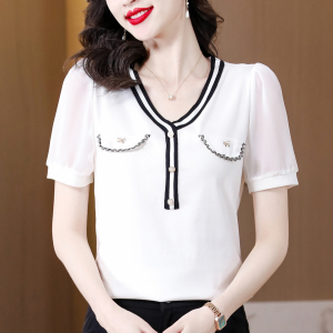 RM6977#夏季新款时尚小香风V领针织泡泡袖t恤女设计感短袖上衣